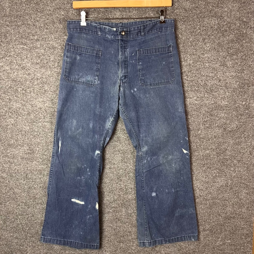 Vintage Seafarer Denim Dungarees Flare‎ Pants Blue Paint Distressed 35